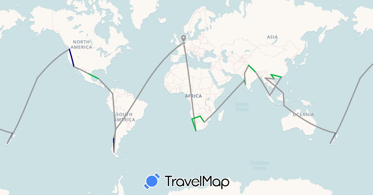 TravelMap itinerary: driving, bus, plane in Botswana, Chile, China, Colombia, Hong Kong, Indonesia, India, Myanmar (Burma), Mexico, Malaysia, Namibia, Netherlands, Nepal, New Zealand, United States, Vietnam, South Africa (Africa, Asia, Europe, North America, Oceania, South America)
